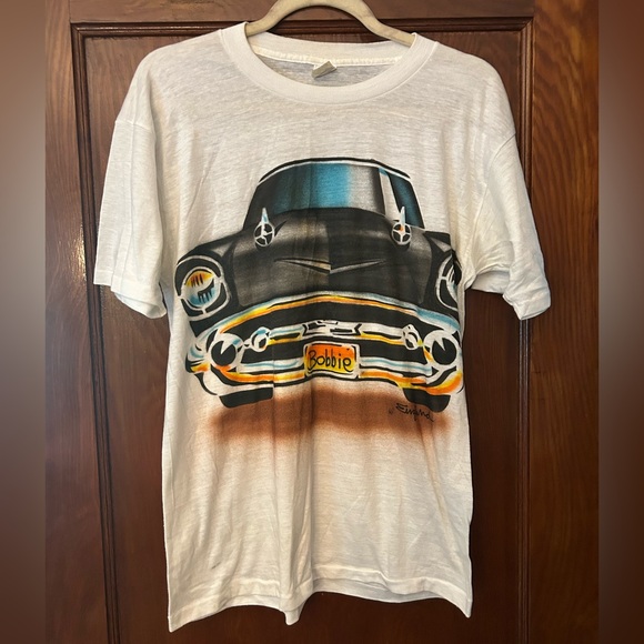 Vintage 80's Single Stitch Airbrush Tee Car Bobbie White L Healthknit - Picture 1 of 7